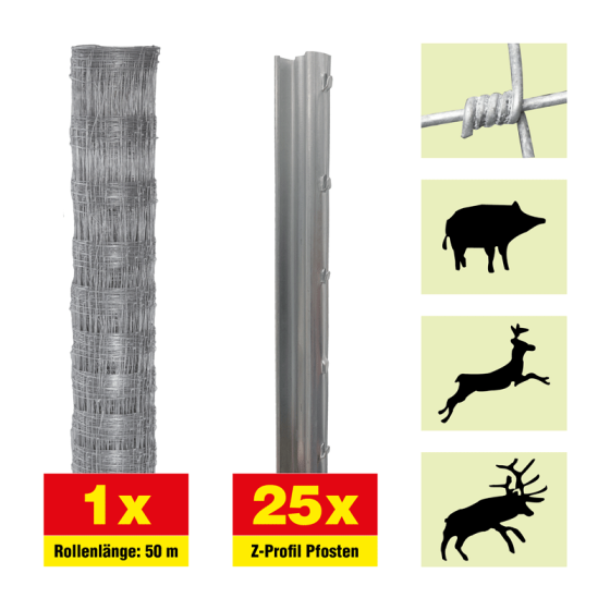 Forstzaun 50 m Set Taurus Forstwirtschaft - Höhe: 200 cm, inkl. 25 Z-Pfosten, Horizontaldrähte: 25